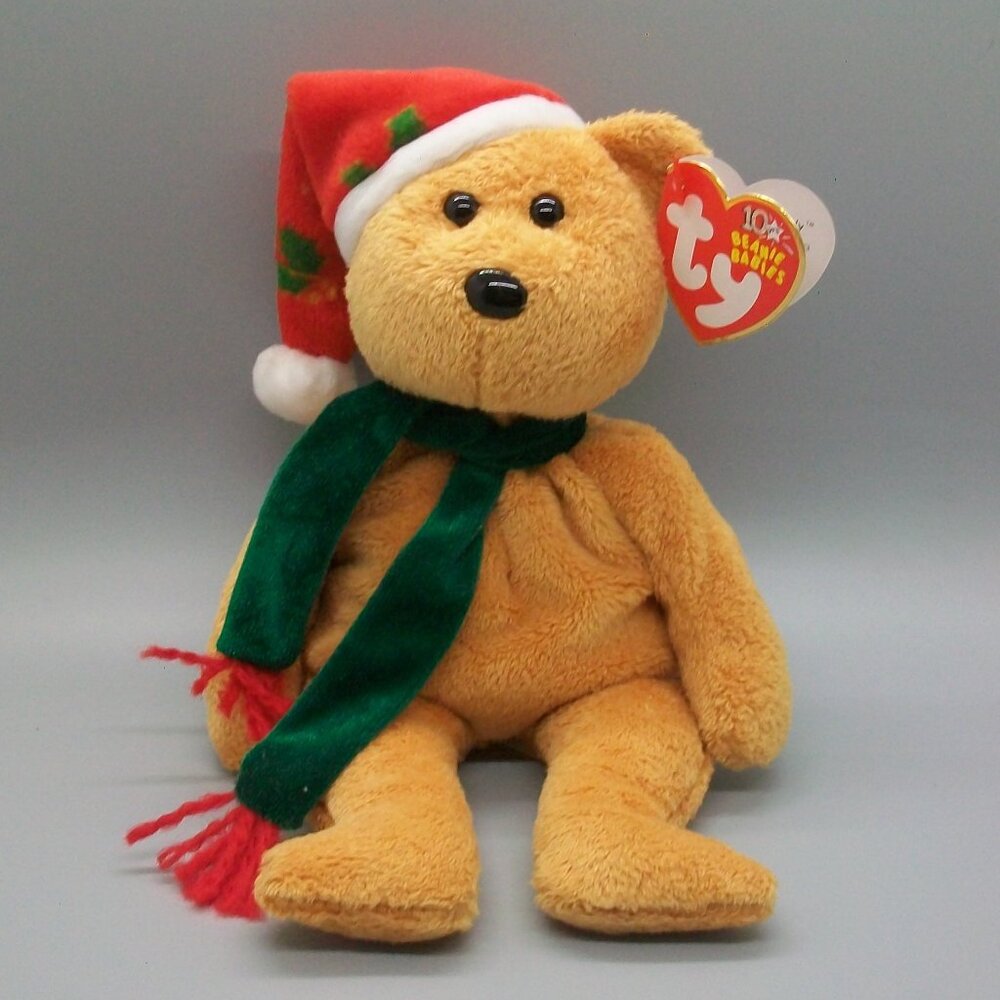 Ty Beanie Baby 2003 Tan Red Santa Hat Holiday Bear Bean Bag Plush